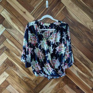 Floral V-Neck Snap Front Wrap Bell Sleeve Blouse
